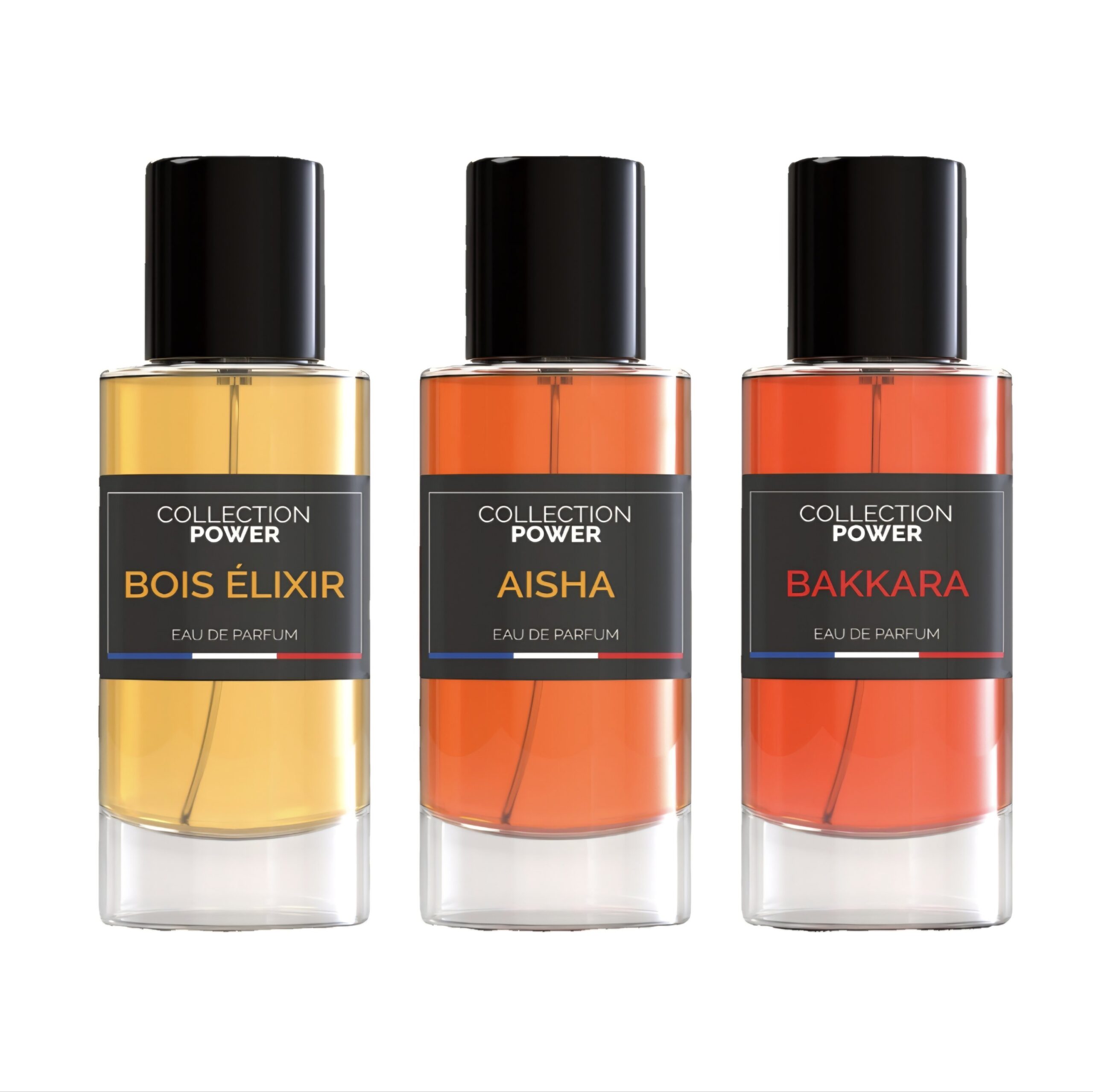 Lot de trois parfums Aisha, Bakkara et Bois Élixir Collection Power