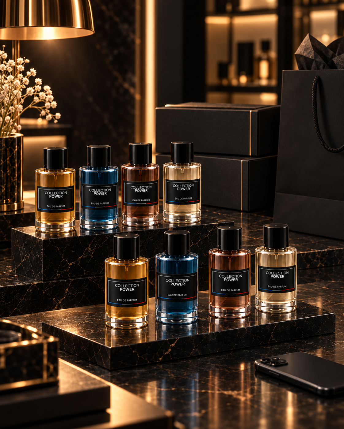 Présentation professionnelle de parfums Collection Power dans un espace de vente