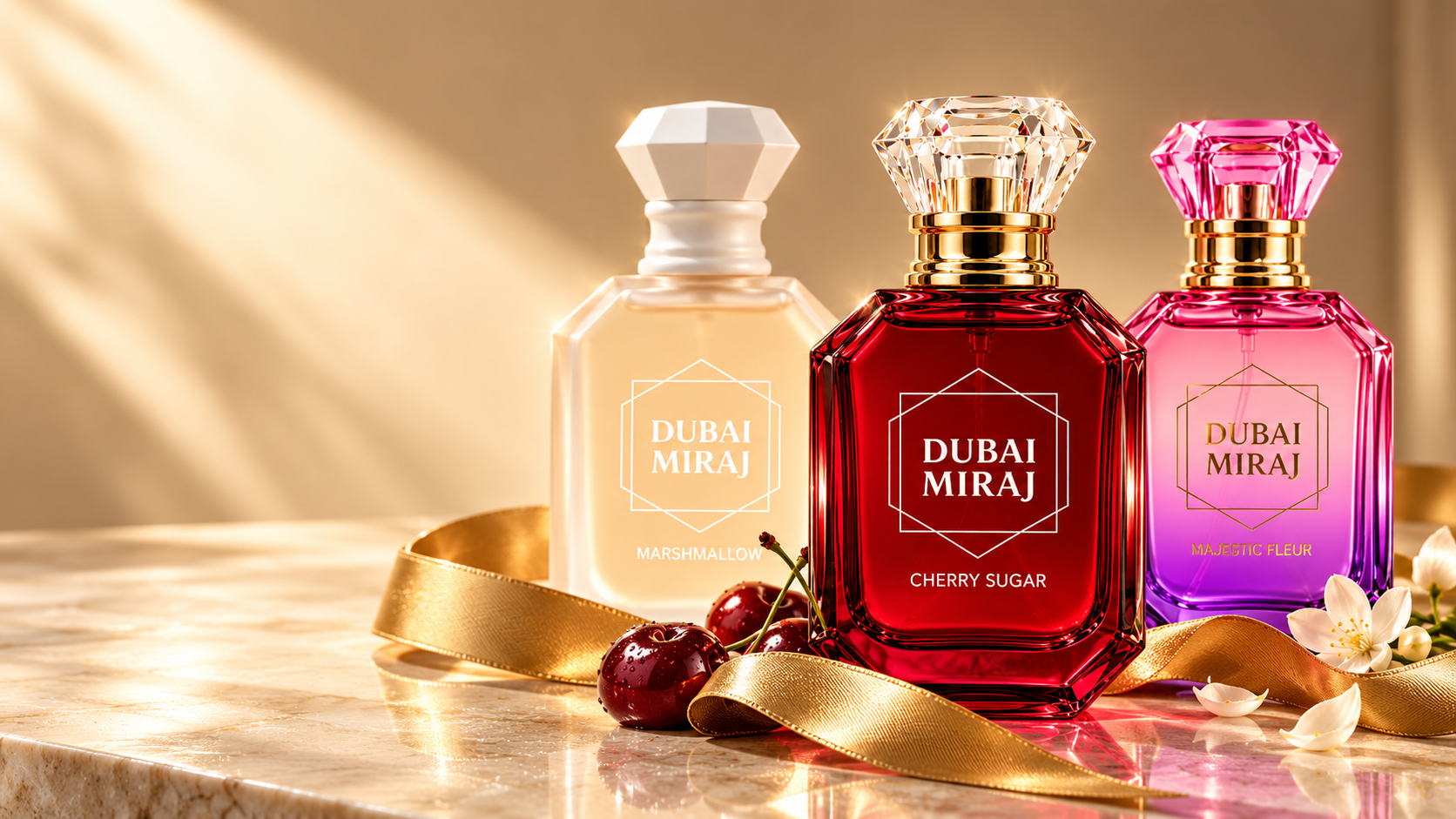 Les flacons Dubaï Miraj Marshmallow, Cherry Sugar et Majestic Fleur avec un ruban doré